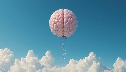 A surreal photo of a realistic brain-shaped balloon floating in a clear blue sky, symbolizing creativity, imagination, and the power of free thinking