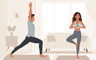 Fototapeta premium Indoor yoga session, home fitness routine, mindfulness exercise, warrior and tree pose, peaceful living room, healthy lifestyle, calm environment, wellness practice