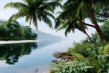 Fototapeta premium Tropical beach with palm trees reflecting in calm water