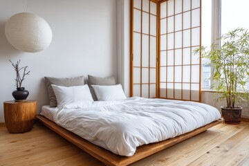 Serene bedroom with white bedding and natural wood accents.