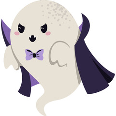 Cute cartoon ghost character wearing a purple bow tie and cape with a playful expression and a dotted texture on a transparent background