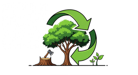 Sustainability Cycle Illustration: Deforestation, Tree Growth, and Green Recycle Arrows