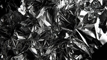 Shiny, crumpled foil texture in varying shades of silver and gray creates a dynamic abstract background, showcasing light reflections and intricate patterns, ideal for visual design elements and...