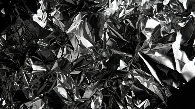 Shiny, crumpled foil texture in varying shades of silver and gray creates a dynamic abstract background, showcasing light reflections and intricate patterns, ideal for visual design elements and...