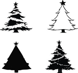 Obraz premium Christmas tree icon set with black-and-white silhouettes, outlines, and decorated festive designs