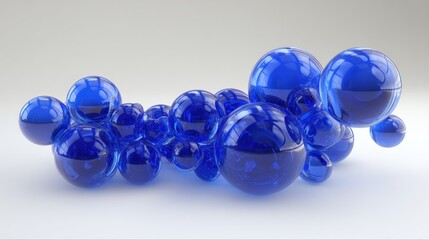 A collection of blue glass spheres of varying sizes and shapes, arranged in a seemingly random yet aesthetically pleasing manner. 