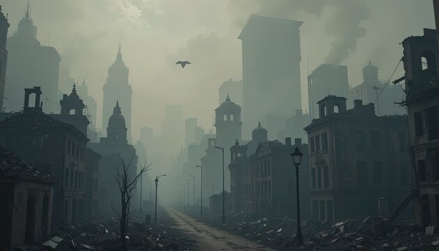 Eerie cityscape shows ruins of buildings and smog creating a desolate, empty, and dystopian scene perfect for dramatic narratives or powerful visual storytelling