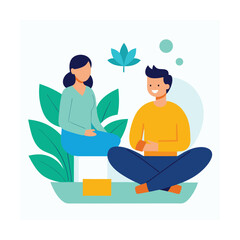 Two people meditating in lotus pose surrounded by plants and abstract shapes meditation