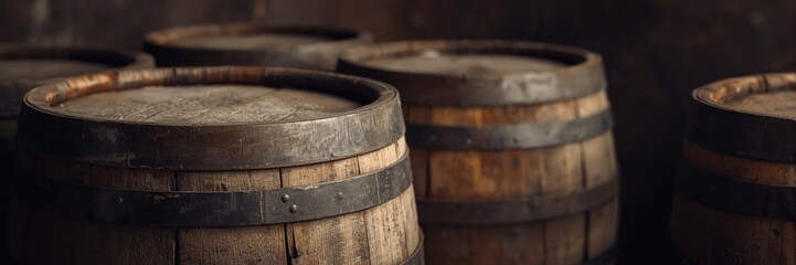 Fototapeta premium Wooden barrels, arranged in a row, are displayed in a dim, shadowy setting with an eye-level perspective, showcasing the rustic texture and weathered appearance of the aging containers.