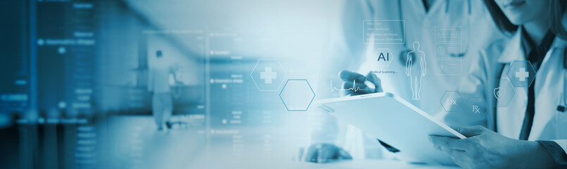 Medical technology, online health, global health network, medical online concept. Doctor using...