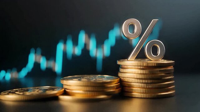 Percentage sign on gold coin piles in front of rising chart, depicting interest rate changes, profit growth, and finance.