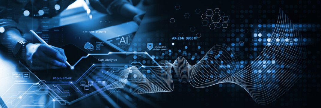 Data Science and engineering, digital technology, tech background. Software engineer working with database and big data analytics, cloud computing with AI and data exchange, innovation technology