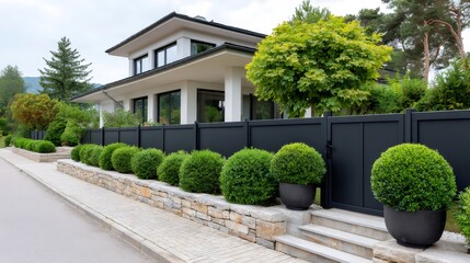 Modern house exterior with dark fence and green landscaping