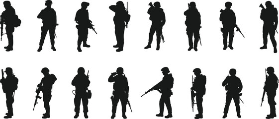 Obraz premium Silhouette of soldiers with rifles, military army team standing and walking, armed forces combat troops, warfighters in uniform on white background