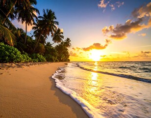 A sunny tropical beach at sunrise with gentle waves and lush palm trees near shore