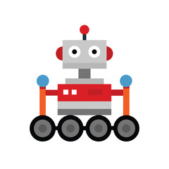 Flat design cartoon robot with wheels and antenna on white background character machine