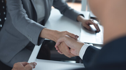 Business handshake, merger and acquisition, successful deal. Two businessman shake hand with partner in office to celebration partnership and business agreement concept