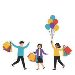 Fototapeta premium Stylish shoppers carrying colorful balloons and large shopping bags celebrate successful purchases in a clean 2D flat minimalist vector illustration against an isolated white background.