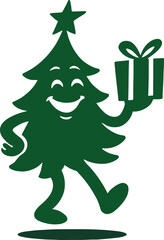 Cartoon Christmas tree. Christmas tree holding gift box vector art and illustration.