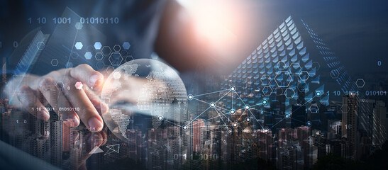 Internet network connection, digital technology, online marketing, IoT Internet of Things, smart city concept. Business woman using digital tablet surfing the internet