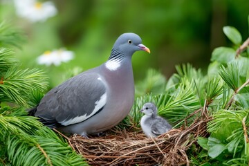 Fototapeta premium Wood pigeon parent protecting young chick in nest