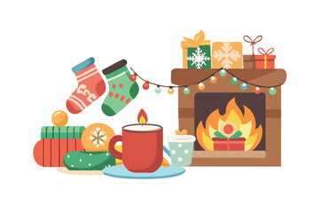 Cozy christmas fireplace with gifts for holiday