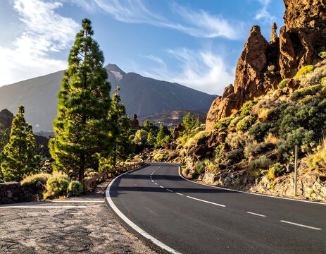 Asphalt road curves through valley with mountain backdrop under blue sky