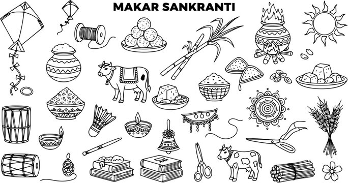 Makar Sankranti Festival Doodles Set: Hand-drawn outline illustrations of cultural symbols, food, kites, and traditions in India.