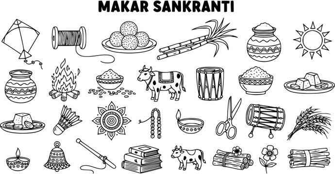 Makar Sankranti Festival Doodles Set: Collection of Traditional Indian Harvest Celebration Symbols and Elements, Hand Drawn Outline Icons