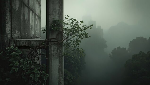 Overgrown vegetation clings to the decaying concrete structure of an abandoned building, with moody, muted green tones and a distant, hazy skyline creating an atmosphere of desolation and... - Powered by Adobe