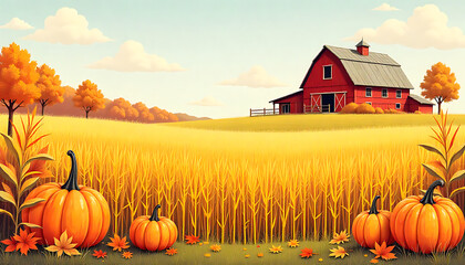 A cartoon image showing pumpkins in a field with a red barn in the background 4k and hd image