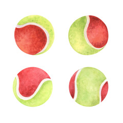 Watercolor illustration of red and green tennis balls