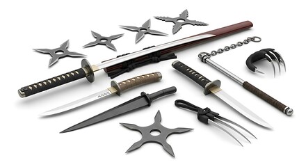 The traditional arsenal of a shadow warrior, featuring a collection of Japanese ninja weapons like swords, daggers, and shuriken on a white background