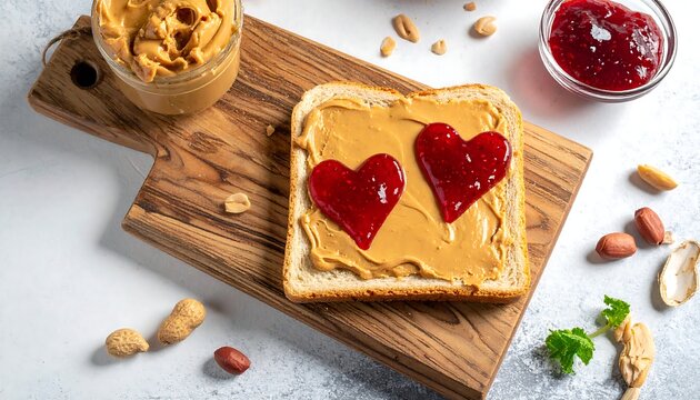 Peanut butter toast topped with heart-shaped jam. Wooden board and ingredients - Powered by Adobe