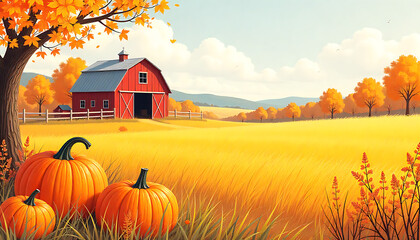Autumn landscape with pumpkins, a red barn, and trees with orange and yellow leaves 4k and hd image