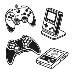 Black and white video game controllers and handheld consoles