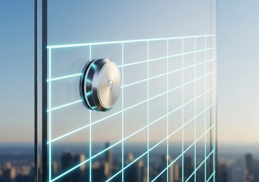 Modern glass building with smart control interface and cityscape reflection