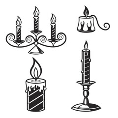 Black and white illustrations of four lit candles and a candelabra