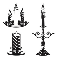 Four black and white candle illustrations on white background