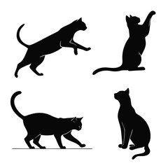 Four black cat silhouettes in various poses white animal