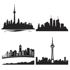Obraz premium Four black city skyline silhouettes with towers and bridges