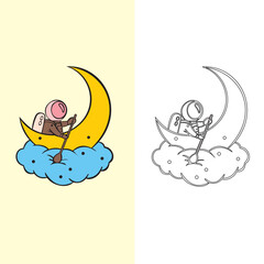 Animated vector image design of an astronaut on the moon, very cute and colorful, very suitable to be used as a poster image for an event