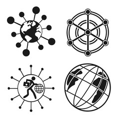 Four black and white graphic icons of global connection and travel