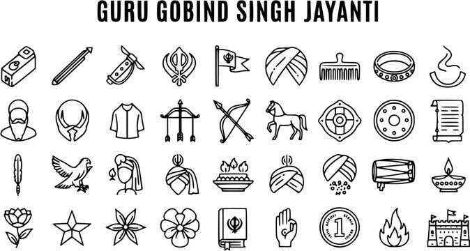 Guru Gobind Singh Jayanti Sikhism Symbols Vector Icon Collection for Religious Festival Celebrations and Cultural History