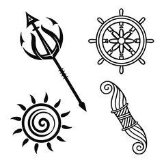 Black tribal symbols trident sun ship wheel and scroll