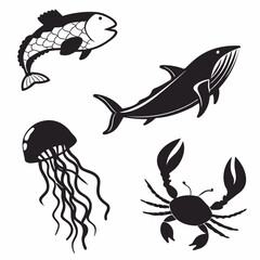 Black silhouette ocean creatures fish whale jellyfish crab