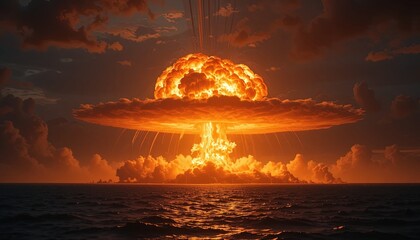 Dramatic mushroom cloud explosion over ocean reflecting fiery light in the sky, apocalyptic concept, impactful visual for news, editorial, and creative projects