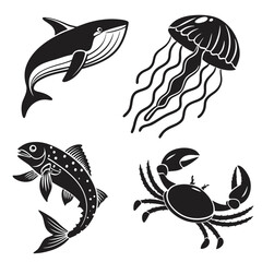 Black Silhouette Marine Life Collection Whale Fish Jellyfish Crab