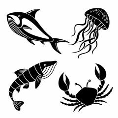 Black silhouette marine animals orca jellyfish fish crab