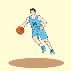 Animated vector image design of an adult child playing basketball, very cute and colorful, very suitable to be used as a poster image for an event